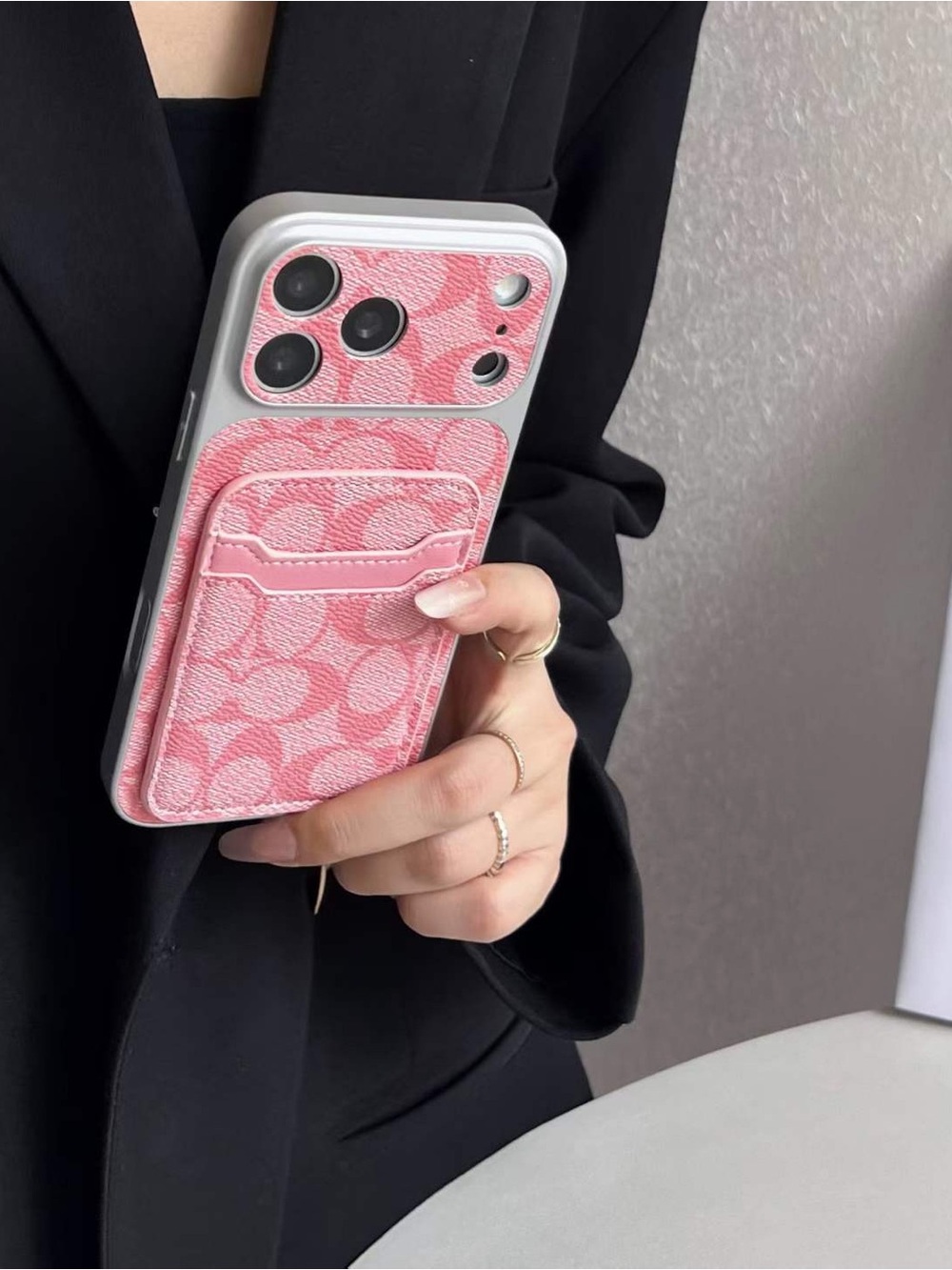 17 pro max Pink Patterned Cardholder Phone Case for iPhone